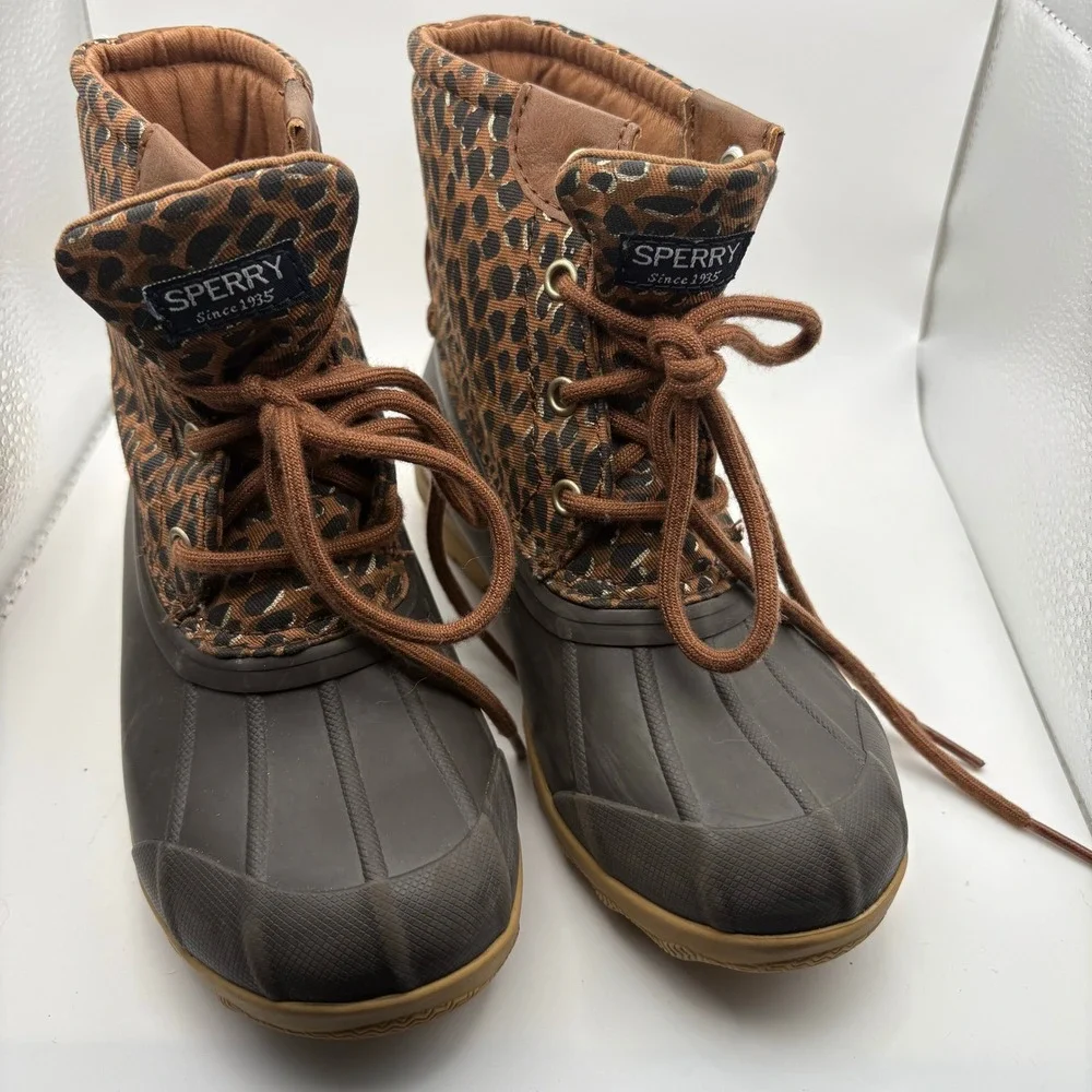 Sperry Saltwater Leopard Print Duck Boots Brown Kids Girls Waterproof Shoes
